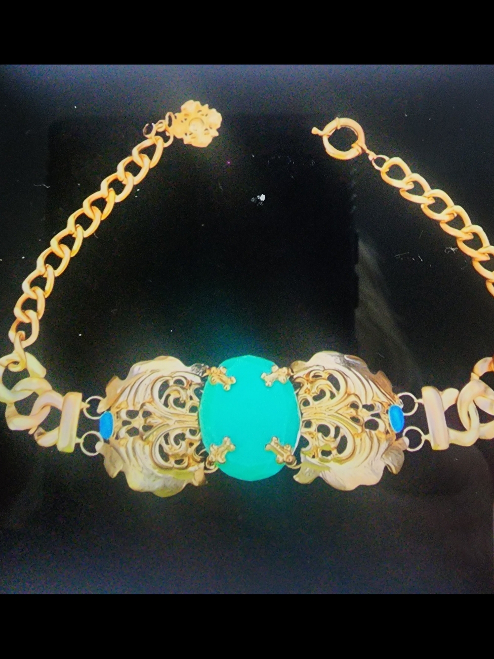 Vintage Baroque Lucite Turquoise Gold Filigree Statement Choker Necklace Chunky